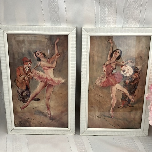 Vintage Rare MCM Pal Fried Ballerina & Musical Clowns Original Frame Prints Pair - Picture 11 of 12